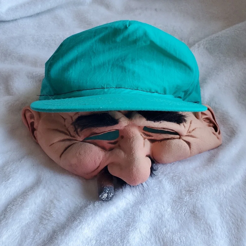 Vintage Halloween Snapback Hat w/ Mask Old Man Cigar Creepy Spirit Costume Cap
